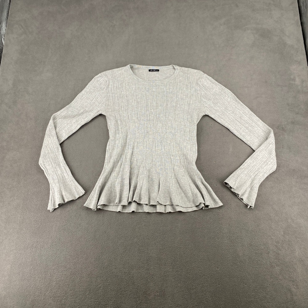 Vila Milano Gray Ribbed Peplum Knit Top Long Sleeve Bell Cuff Crew Neck 7358
